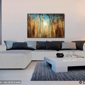 May include: Abstract painting of a forest scene with a blue and gold color scheme. The painting is hanging on a wall above a white sectional sofa and a white coffee table.
