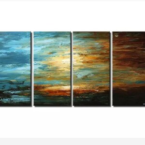 May include: Abstract painting with four panels depicting a sunset over a body of water. The colors are mostly blue, green, brown, and orange.
