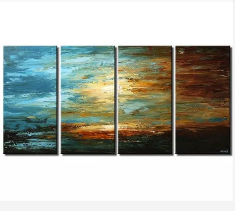 May include: Abstract painting with four panels depicting a sunset over a body of water. The colors are mostly blue, green, brown, and orange.