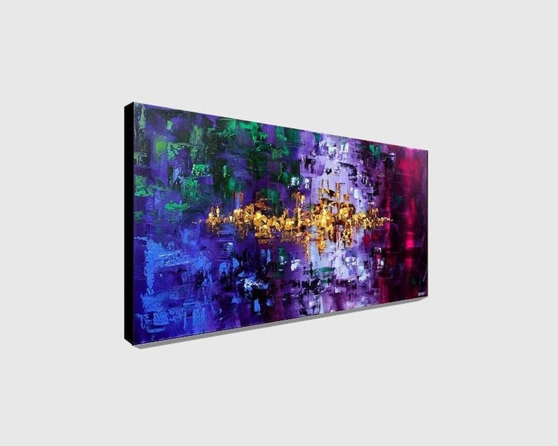 May include: Abstract painting with a purple, green, and gold color scheme. The painting features a textured, layered style with a central band of gold.