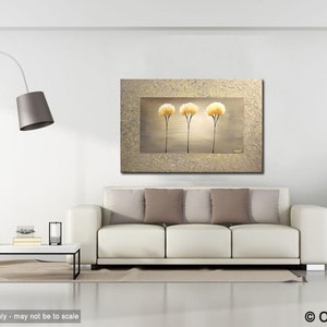 May include: A painting of three stylized trees with yellow flowers against a light brown background. The painting is framed in a gold frame with a textured surface.