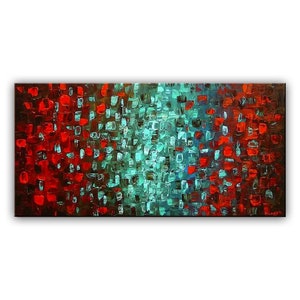 May include: Abstract painting with a red and teal color scheme. The painting is made up of small squares of color, creating a textured effect.