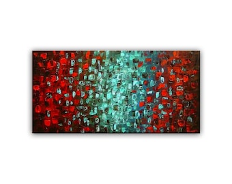 original modern abstract canvas art, textured red turquoise painting, contemporary living room wall decor CUSTOM ART