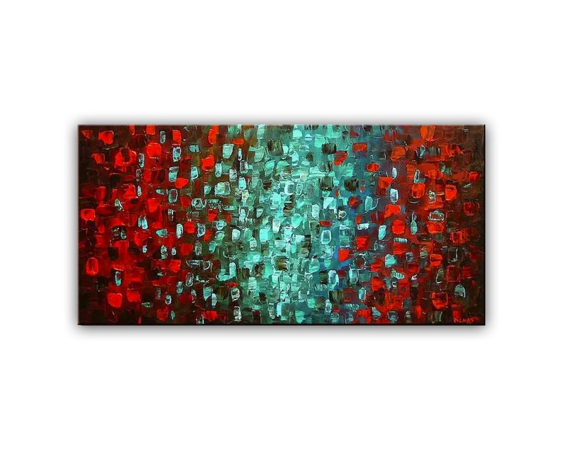 May include: Abstract painting with a red and teal color scheme. The painting is made up of small squares of color, creating a textured effect.