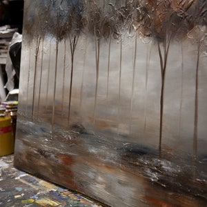 May include: Abstract painting of a forest scene with trees in the foreground and a hazy background. The painting is done in shades of brown, gray, and white.