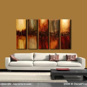 May include: Abstract art painting in shades of brown, red, and gold. The painting is divided into five vertical panels, each with a different abstract design. The painting is displayed on a wall above a white couch.
