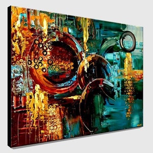 May include: Abstract painting with bold strokes of red, blue, green, gold, and black. The painting features circles, swirls, and geometric shapes.