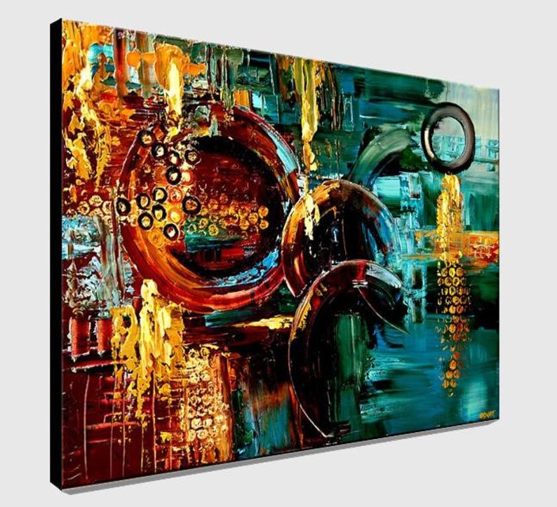 May include: Abstract painting with bold strokes of red, blue, green, gold, and black. The painting features circles, swirls, and geometric shapes.