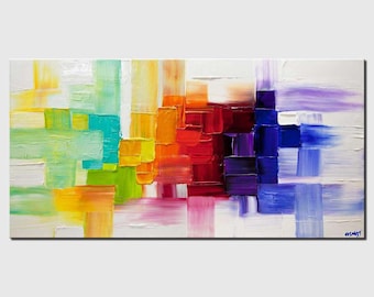 May include: Abstract painting with a colorful geometric design. The painting features a variety of colors, including yellow, green, blue, red, and purple. The colors are arranged in a grid pattern, creating a sense of movement and energy.