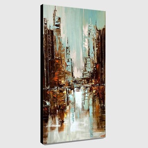 May include: Abstract painting of a city skyline with brown, blue, and white colors. The buildings are tall and narrow, and the sky is a light blue. The painting has a textured look, as if it were painted with a palette knife.