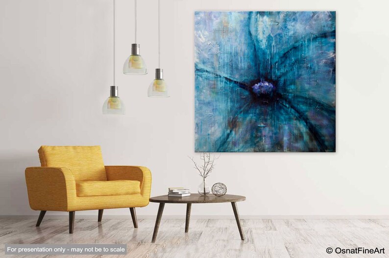 Pintura original de flores abstractas azules, decoración del hogar moderna con textura ARTE PERSONALIZADO imagen 8