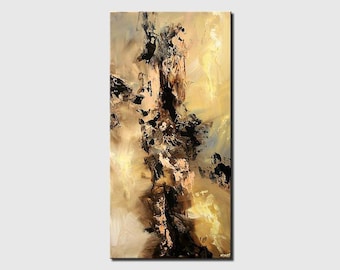 May include: Abstract painting with a vertical composition. The painting features a mix of brown, black, and white paint, creating a textured and dynamic effect. The colors are muted and blend together seamlessly, creating a sense of depth and movement.