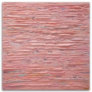 May include: Abstract painting with horizontal brushstrokes in shades of pink and light blue. The paint is applied in a thick, textured layer, creating a dimensional effect.