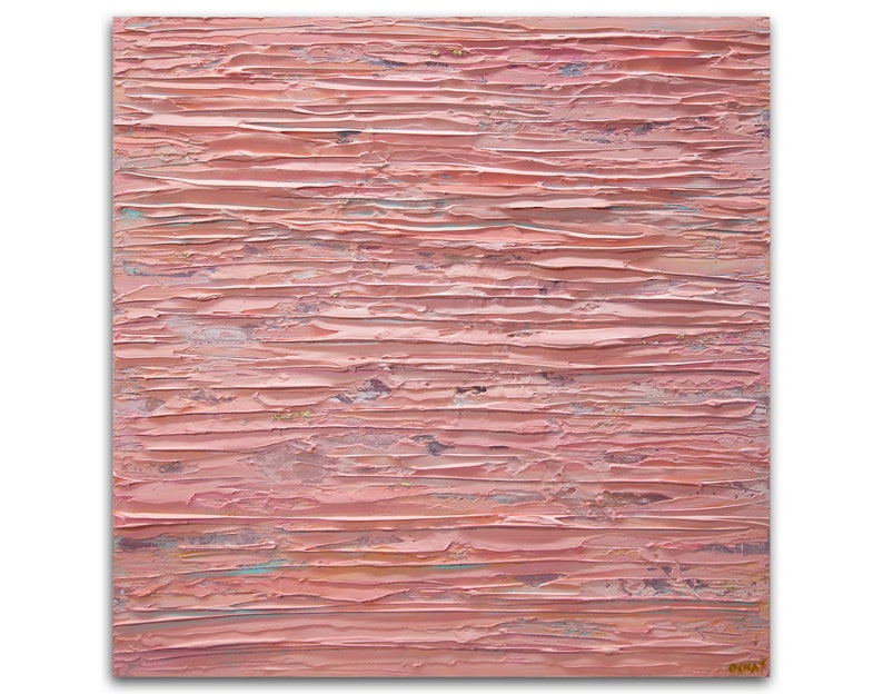 May include: Abstract painting with horizontal brushstrokes in shades of pink and light blue. The paint is applied in a thick, textured layer, creating a dimensional effect.