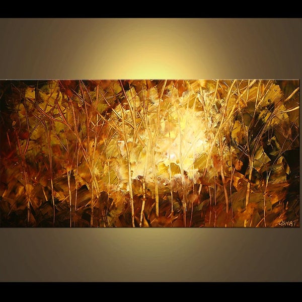 Landscape Blooming Trees Painting Brown, Rust, Original Abstract Modern Palette Knife Painting by Osnat - MADE-TO-ORDER - 48"x24"