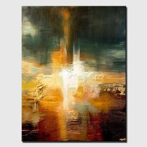 May include: Abstract painting with a textured surface. The painting features a mix of dark green, brown, orange, and white colors. The colors are blended together to create a sense of depth and movement.