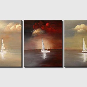 May include: A triptych painting of three sailboats on a calm sea with a cloudy sky. The left panel has a light brown sky, the middle panel has a red sky, and the right panel has a gray sky.