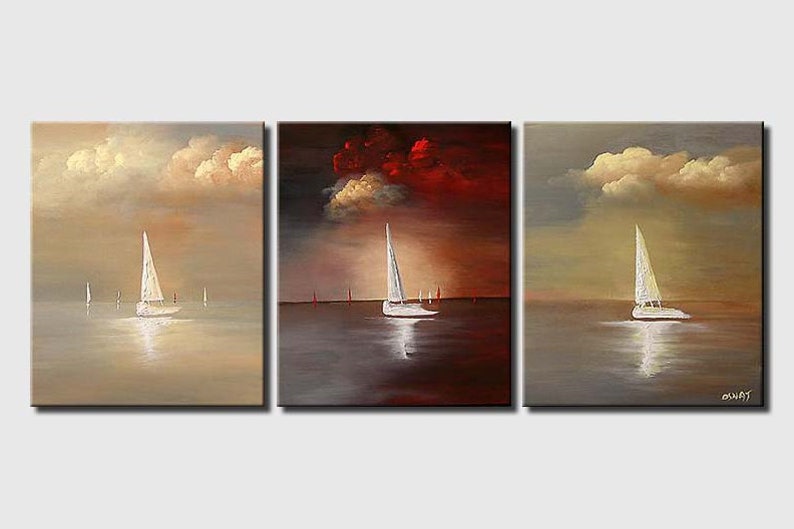 May include: A triptych painting of three sailboats on a calm sea with a cloudy sky. The left panel has a light brown sky, the middle panel has a red sky, and the right panel has a gray sky.