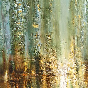 May include: Abstract painting with a textured, layered surface. The painting features shades of green, gold, and brown, creating a sense of depth and movement.
