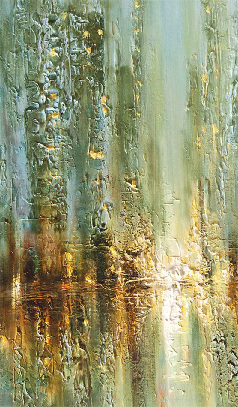 May include: Abstract painting with a textured, layered surface. The painting features shades of green, gold, and brown, creating a sense of depth and movement.