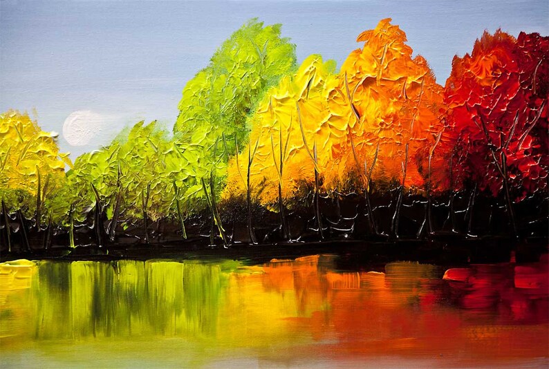 May include: A painting of a forest reflecting in a still lake. The trees are painted in shades of green, yellow, orange, and red, creating a vibrant autumn scene.