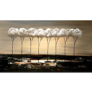 May include: Abstract painting of a row of trees with white cloud-like canopies against a brown background.