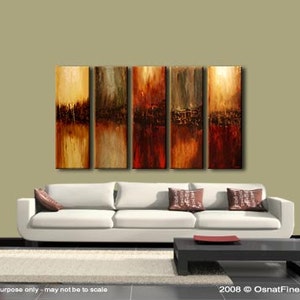 May include: Abstract art painting in shades of brown, orange, and red. The painting is divided into five vertical panels, each with a different abstract design. The painting is displayed on a wall above a white sofa.