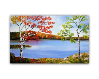 original modern lake abstract landscape painting on canvas , textured autumn color trees, living room wall art decor CUSTOM ART