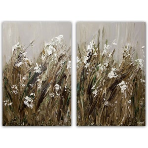 May include: A pair of abstract paintings depicting a field of white flowers and brown grasses. The paintings are done in a textured style with thick brushstrokes.