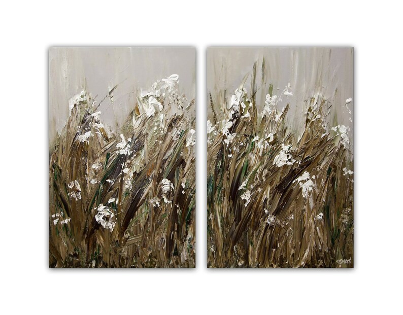 May include: A pair of abstract paintings depicting a field of white flowers and brown grasses. The paintings are done in a textured style with thick brushstrokes.