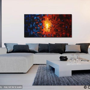 May include: Abstract painting with blue, red, and orange colors. The painting is hanging on a white wall above a white sectional sofa with gray pillows. A white coffee table with a black bowl and clear glasses sits in front of the sofa.