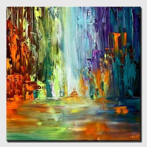 original colorful textured painting, contemporary abstract cityscape painting, for modern living room  CUSTOM ART