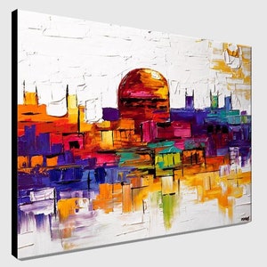May include: Abstract painting of a cityscape with a large, round, red, orange, and pink sun in the background. The cityscape is made up of colorful, rectangular shapes in shades of blue, purple, yellow, orange, and green.