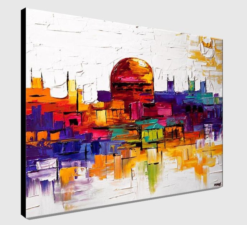 May include: Abstract painting of a cityscape with a large, round, red, orange, and pink sun in the background. The cityscape is made up of colorful, rectangular shapes in shades of blue, purple, yellow, orange, and green.