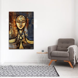 May include: Abstract painting of a person's face with a gold and brown background. The person's eyes are closed and their face is serene.
