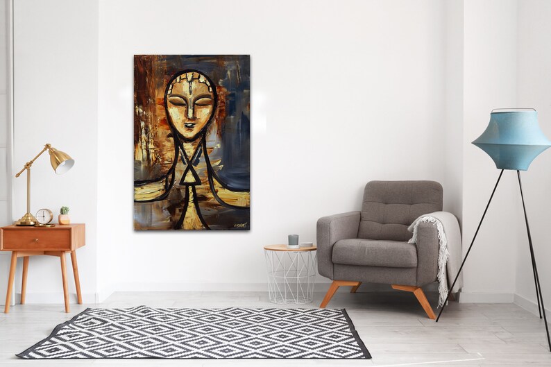 May include: Abstract painting of a person's face with a gold and brown background. The person's eyes are closed and their face is serene.