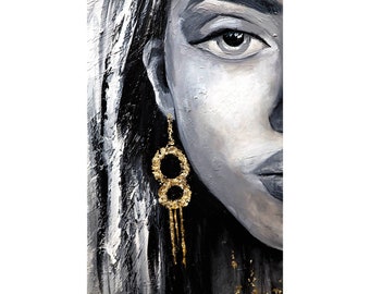 handmade Print on canvas, minimalist abstract black and white woman portrait with a touch of gold modern art by Osnat