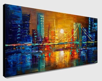 original city art on canvas textured colorful abstract cityscape painting, 3d art modern living room wall art CUSTOM ART