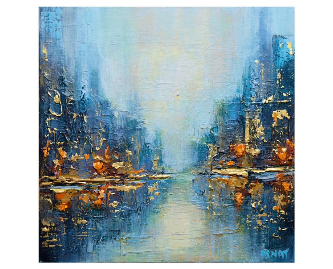 Modern Blue Gold City Canvas Art, Small Textured Abstract Cityscape