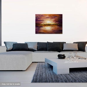 May include: A painting of a sunset over a body of water. The sky is a mix of purple, orange, and yellow. The water is a deep blue with reflections of the sunset.
