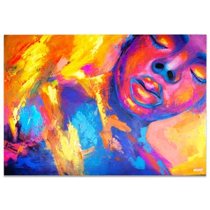 May include: Abstract oil painting featuring a woman's face with closed eyes. The artwork uses vibrant colors, including shades of orange, yellow, blue, and pink. The brushstrokes are thick and textured, creating a dynamic and expressive piece.