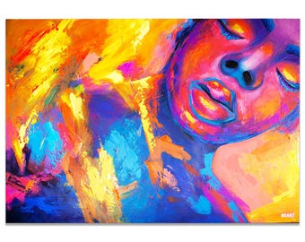 large colorful abstract woman face, original modern painting, statement wall art decor