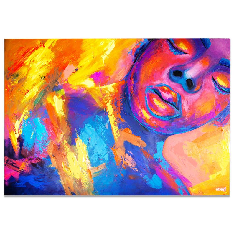 May include: Abstract oil painting featuring a woman's face with closed eyes. The artwork uses vibrant colors, including shades of orange, yellow, blue, and pink. The brushstrokes are thick and textured, creating a dynamic and expressive piece.