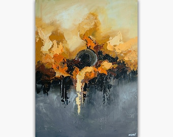 Modern Abstract Acrylic Painting: Black, Rust, and Yellow Art (28