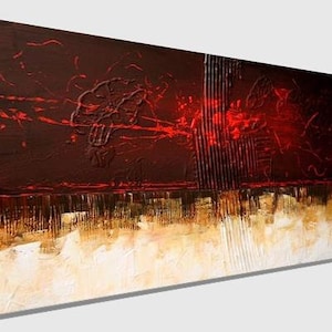 May include: Abstract painting with red, brown, and white colors. The painting has a textured surface and a horizontal composition.