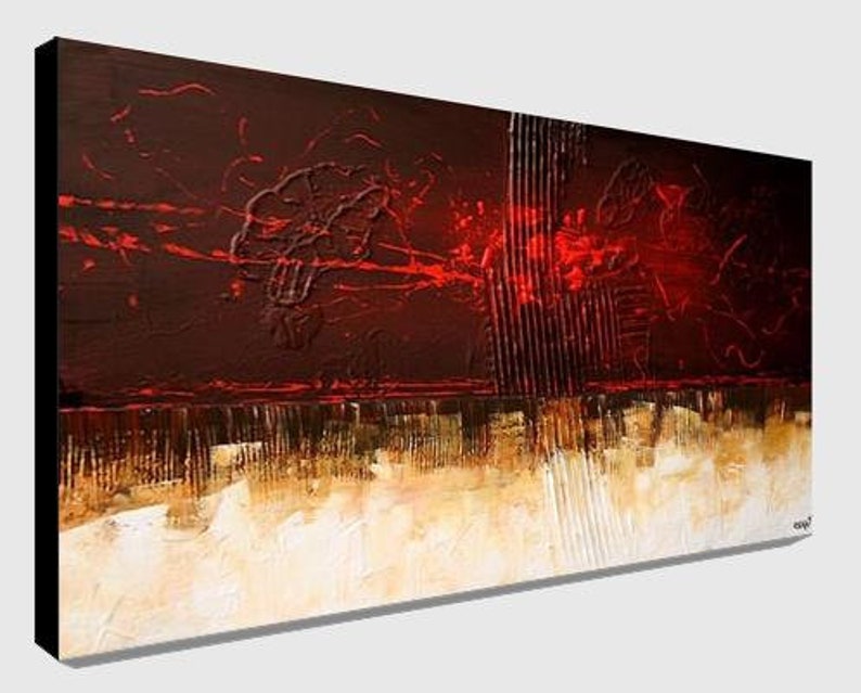 May include: Abstract painting with red, brown, and white colors. The painting has a textured surface and a horizontal composition.