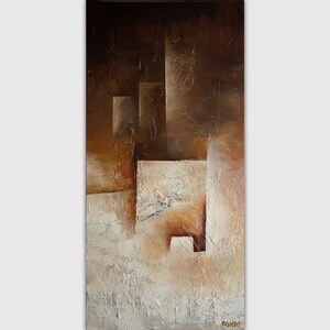 May include: Abstract painting with brown and white geometric shapes. The painting has a textured surface and a modern style.