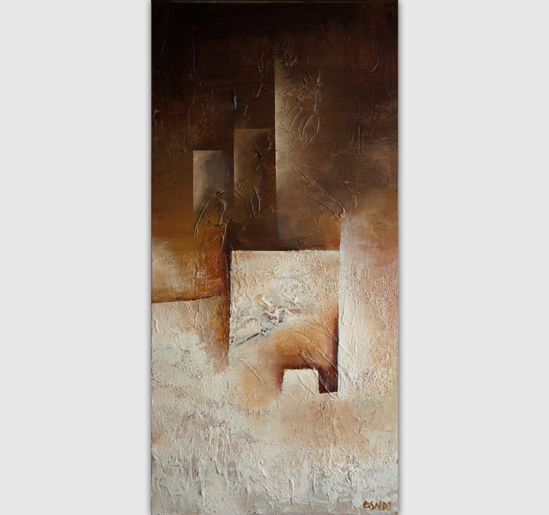 May include: Abstract painting with brown and white geometric shapes. The painting has a textured surface and a modern style.