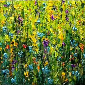 May include: An impressionistic painting of a vibrant field of wildflowers. The artwork features a textured, impasto style with a palette of yellow, green, blue, purple, and orange hues. The flowers are densely packed, creating a lively and colorful scene.