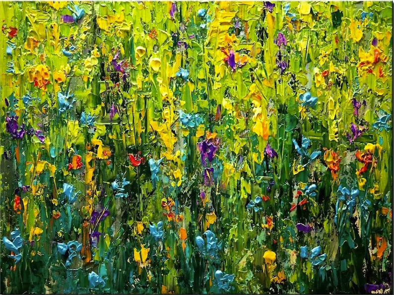 May include: An impressionistic painting of a vibrant field of wildflowers. The artwork features a textured, impasto style with a palette of yellow, green, blue, purple, and orange hues. The flowers are densely packed, creating a lively and colorful scene.